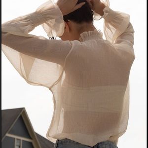 Oak + Fort, Sheer Ruffle Neck Blouse in Beige
